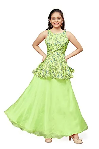 Fashion Dream Girl's Satin Readymade Lehenga Choli Set (GLC006-Peplum Pista-9-10 Years_Pista_9-10 Years)