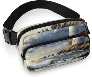 Fashionable Large-capacity Twill Sea Lighthouse Sandbeach Printed Waist Bag, A Must-have Item for Hands-free Travel