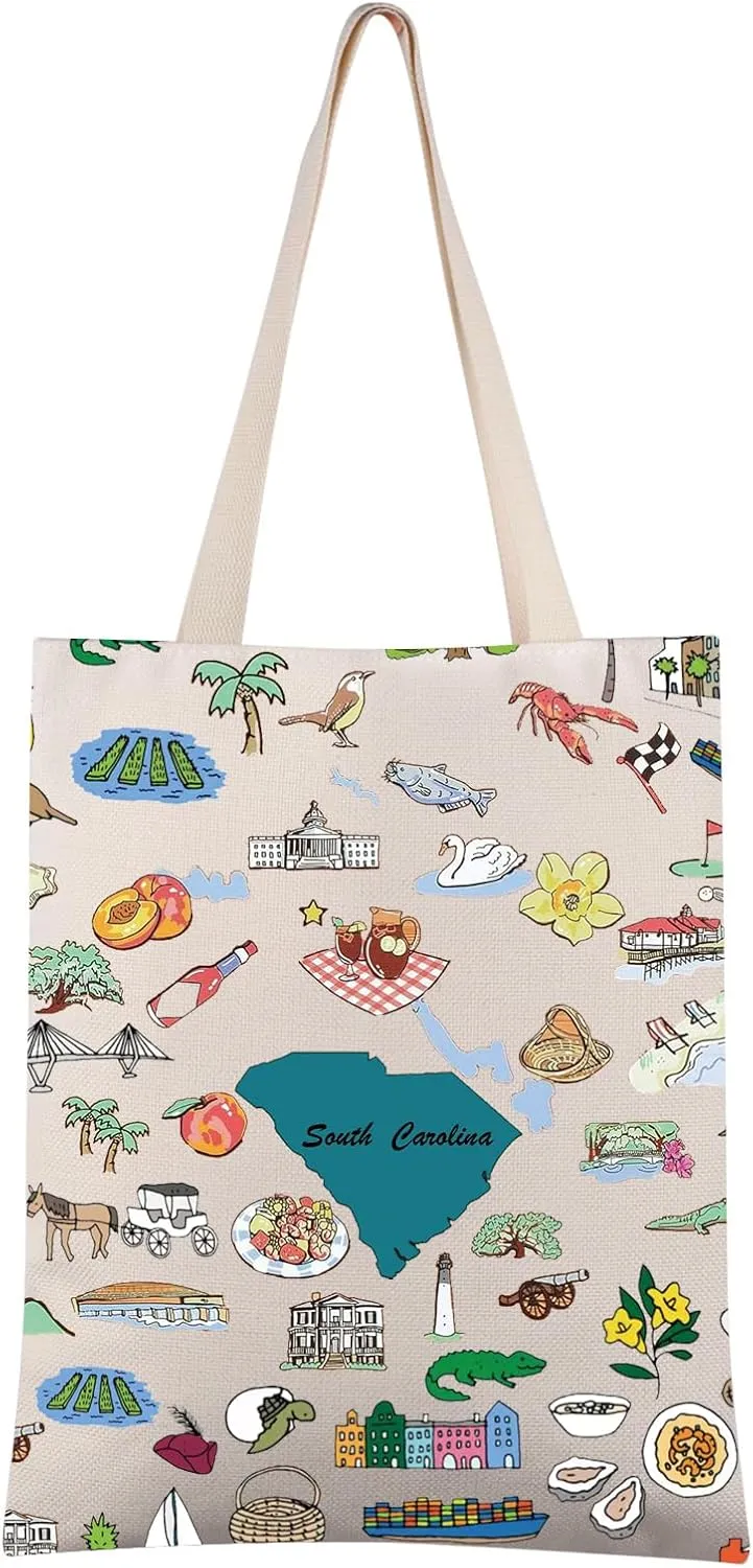 FEELMEM South Carolina Travel Gift South Carolina State Canvas Tote Bag South Carolina Trip Shoulder Bag Travel Souvenir