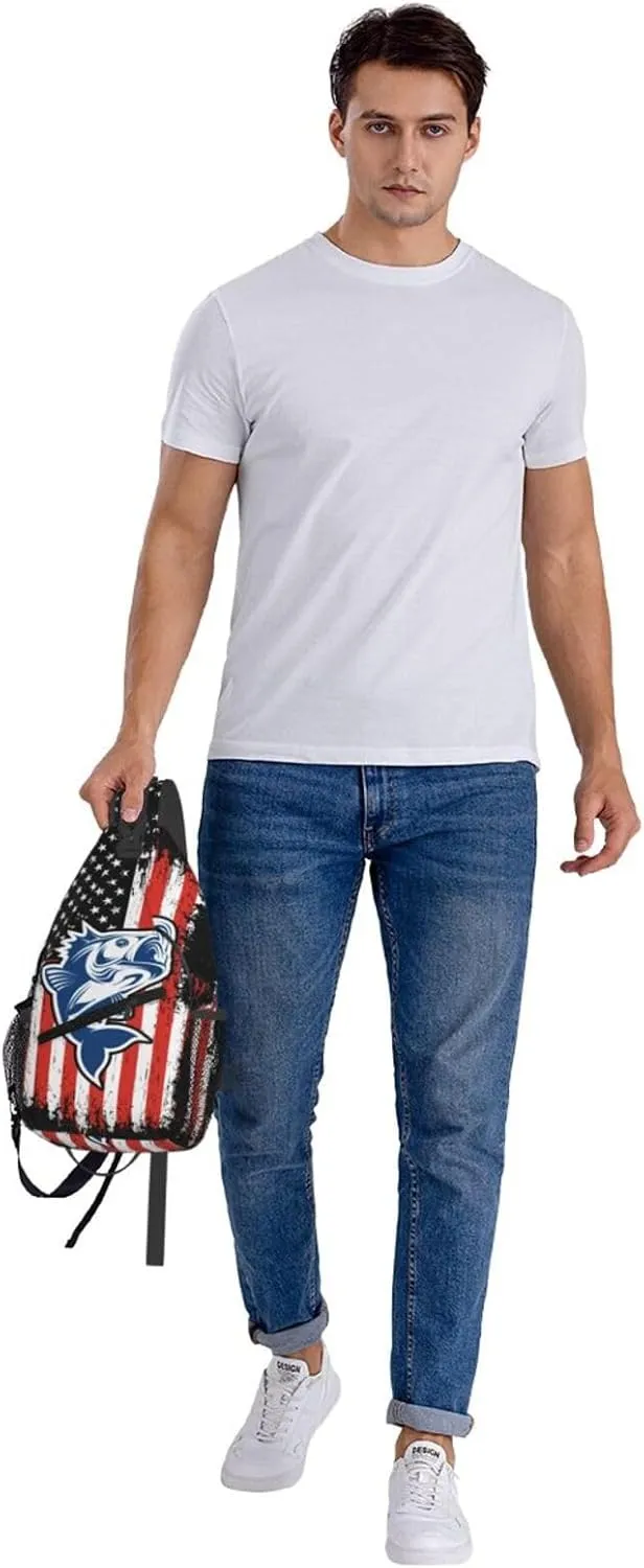 Fishing American Flag Crossbody Sling Bag Chest Bags Casual Shoulder Backpack Sport Fanny Pack Gym Diagonally Daypack with Adjustable Strap for Running