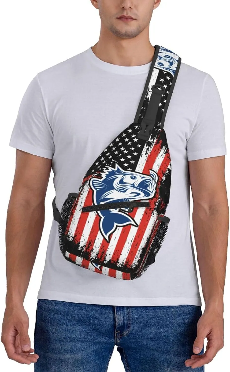 Fishing American Flag Crossbody Sling Bag Chest Bags Casual Shoulder Backpack Sport Fanny Pack Gym Diagonally Daypack with Adjustable Strap for Running