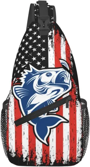 Fishing American Flag Crossbody Sling Bag Chest Bags Casual Shoulder Backpack Sport Fanny Pack Gym Diagonally Daypack with Adjustable Strap for Running