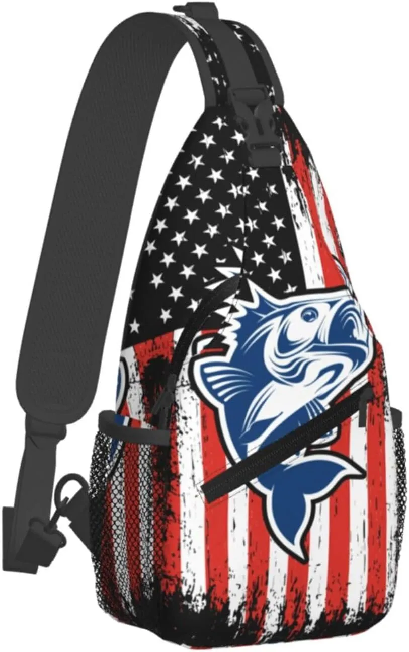 Fishing American Flag Crossbody Sling Bag Chest Bags Casual Shoulder Backpack Sport Fanny Pack Gym Diagonally Daypack with Adjustable Strap for Running