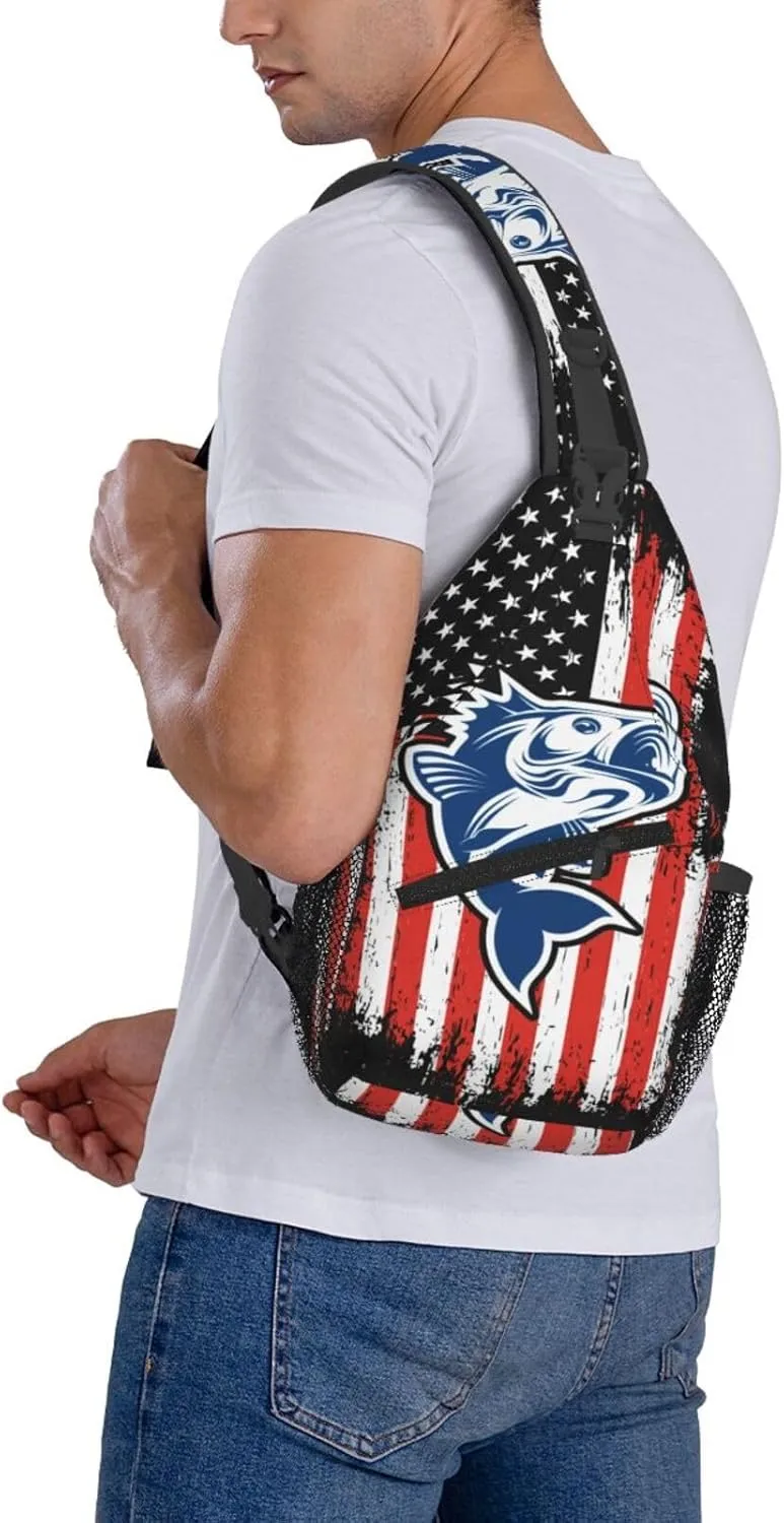 Fishing American Flag Crossbody Sling Bag Chest Bags Casual Shoulder Backpack Sport Fanny Pack Gym Diagonally Daypack with Adjustable Strap for Running