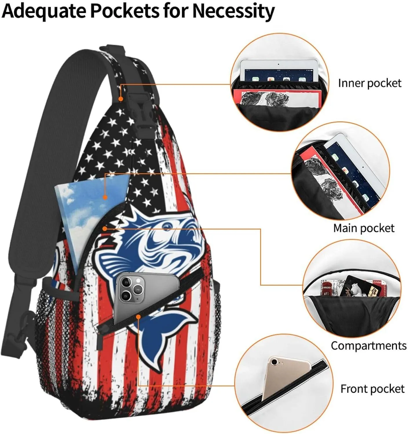 Fishing American Flag Crossbody Sling Bag Chest Bags Casual Shoulder Backpack Sport Fanny Pack Gym Diagonally Daypack with Adjustable Strap for Running