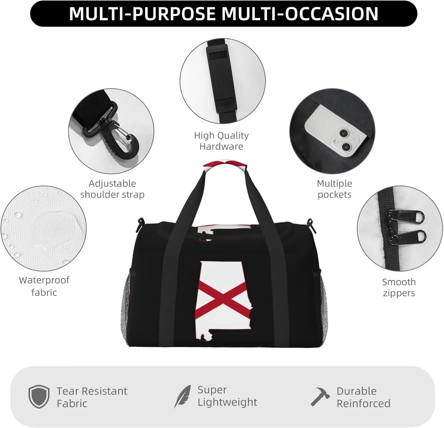 Flag Map Of Alabama Travel Duffel Bag Large Foldable Waterproof Overnight Bag For Beach Swim Bags Pool Sports Gym