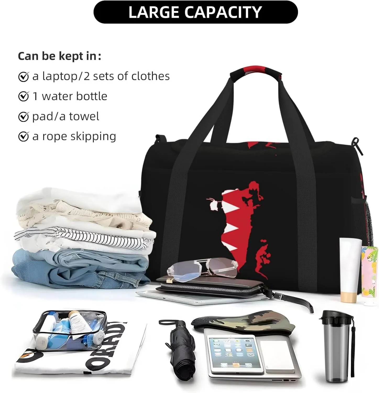 Flag Map Of Bahrain Travel Duffel Bag Large Foldable Waterproof Overnight Bag For Beach Swim Bags Pool Sports Gym