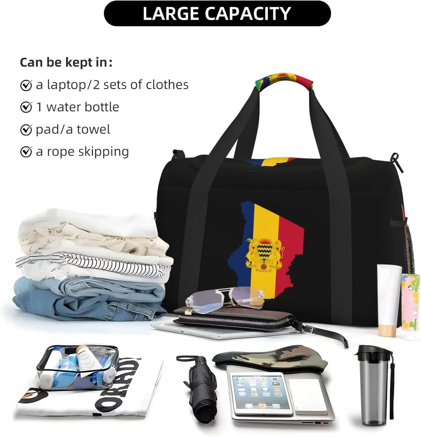 Flag Map Of Chad Travel Duffel Bag Large Foldable Waterproof Overnight Bag For Beach Swim Bags Pool Sports Gym