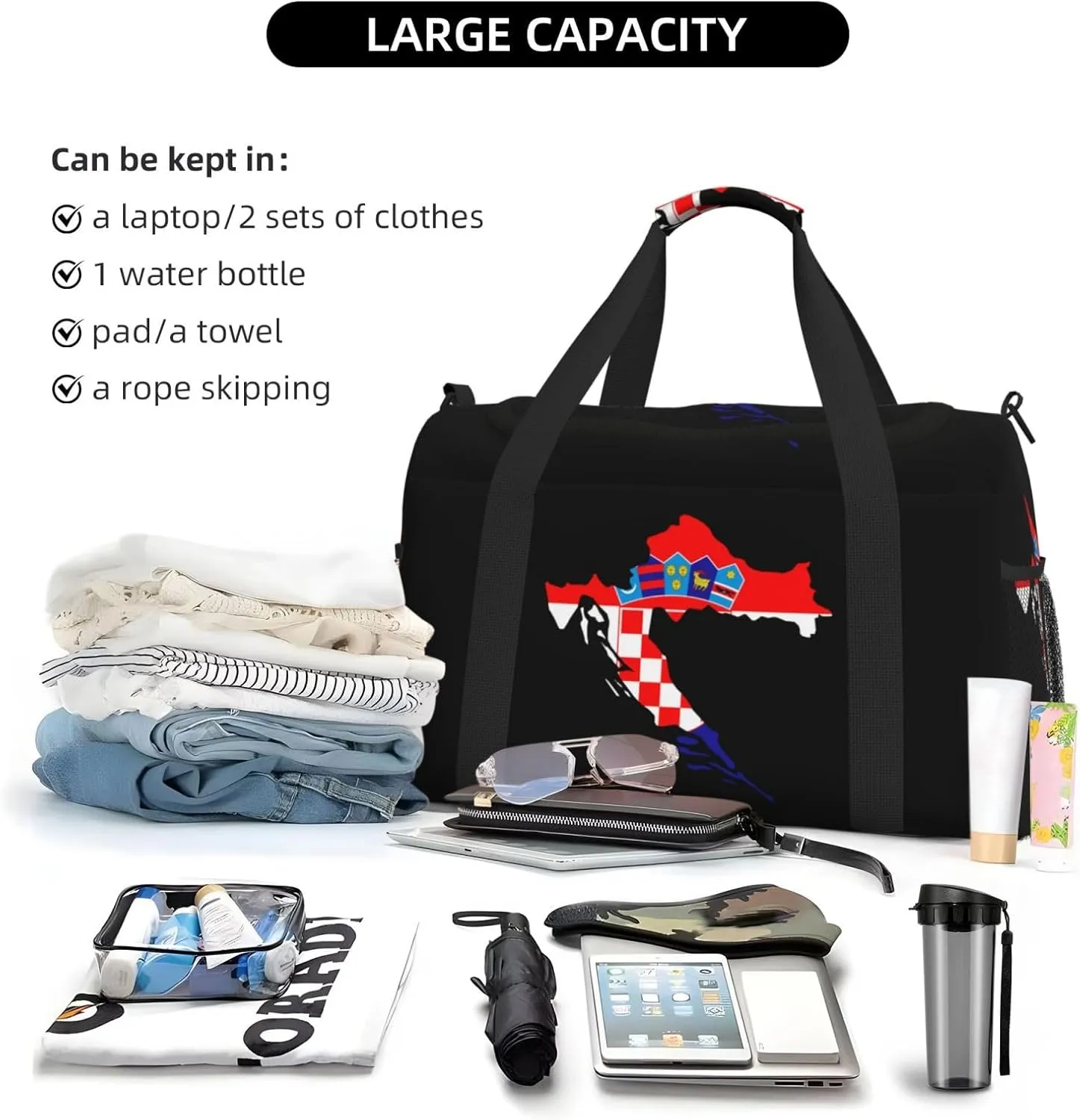 Flag Map Of Croatia Travel Duffel Bag Large Foldable Waterproof Overnight Bag For Beach Swim Bags Pool Sports Gym