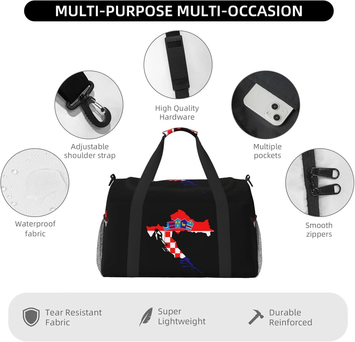 Flag Map Of Croatia Travel Duffel Bag Large Foldable Waterproof Overnight Bag For Beach Swim Bags Pool Sports Gym