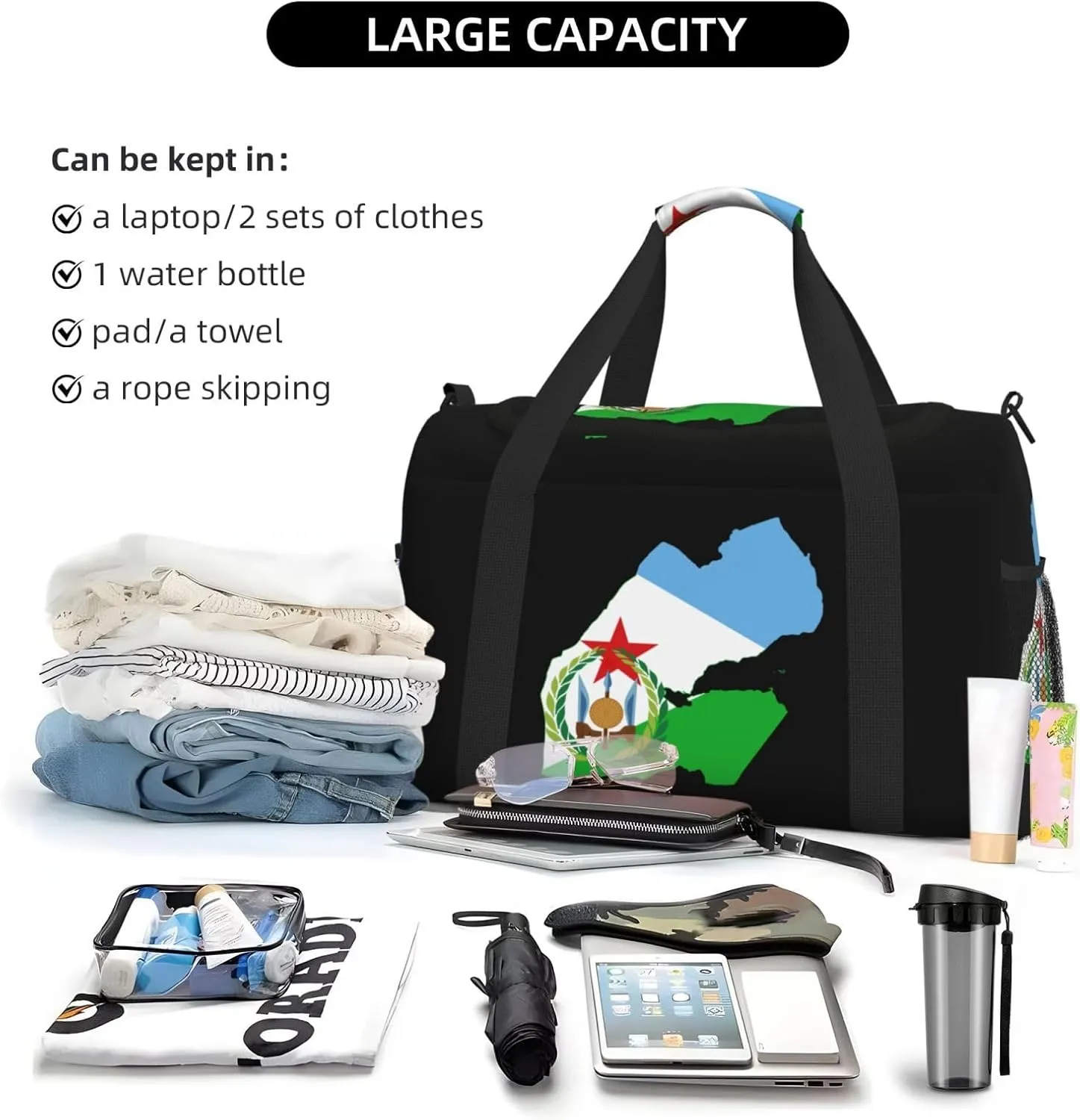 Flag Map Of Djibouti Travel Duffel Bag Large Foldable Waterproof Overnight Bag For Beach Swim Bags Pool Sports Gym