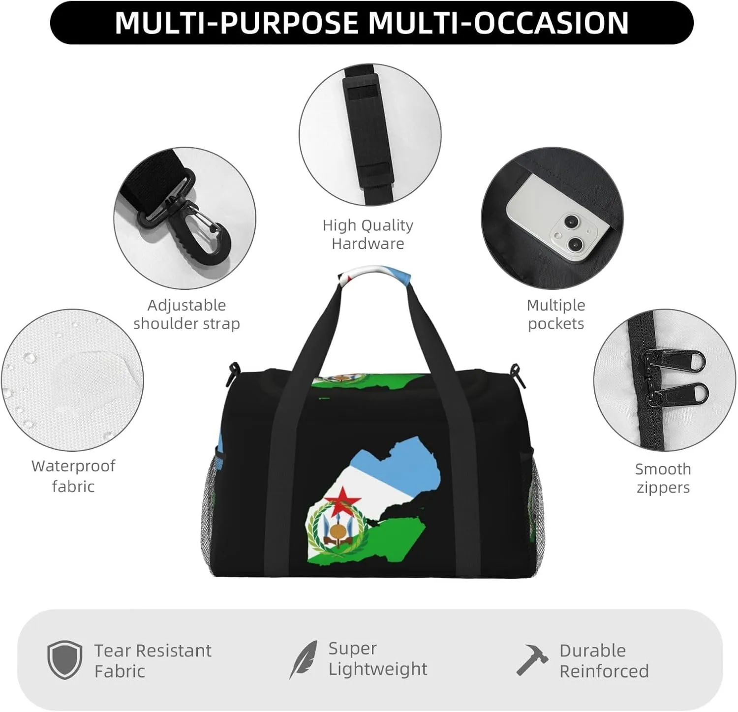 Flag Map Of Djibouti Travel Duffel Bag Large Foldable Waterproof Overnight Bag For Beach Swim Bags Pool Sports Gym