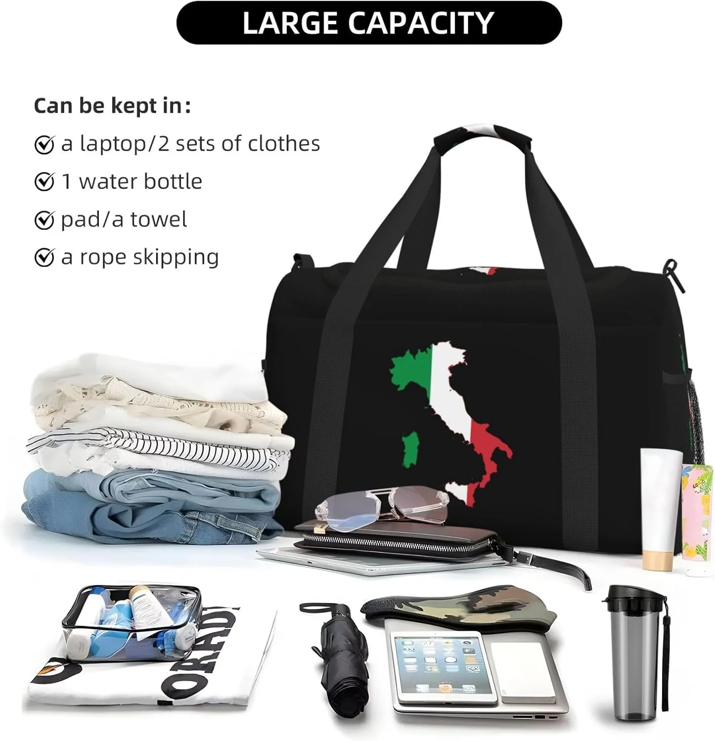 Flag Map Of Italy Travel Duffel Bag Large Foldable Waterproof Overnight Bag For Beach Swim Bags Pool Sports Gym