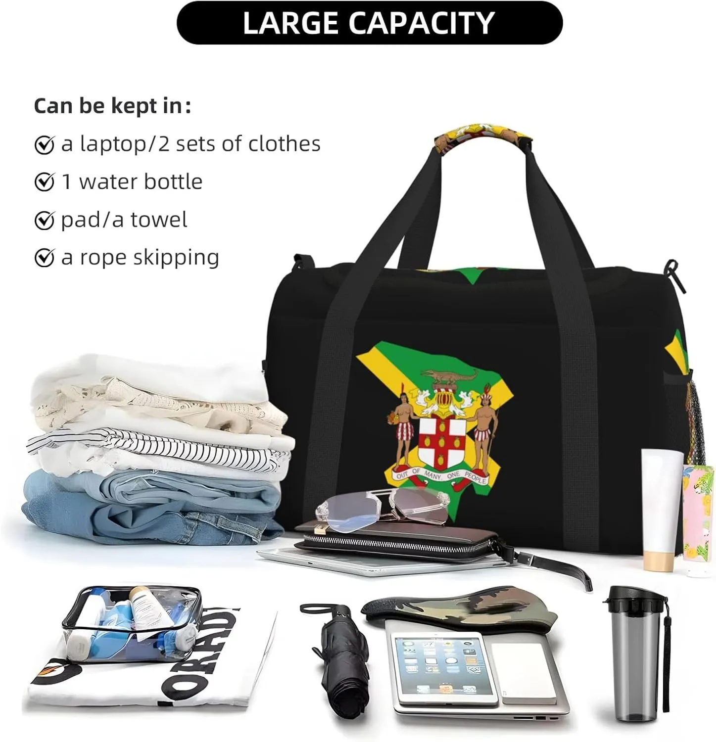 Flag Map Of Jamaica Travel Duffel Bag Large Foldable Waterproof Overnight Bag For Beach Swim Bags Pool Sports Gym