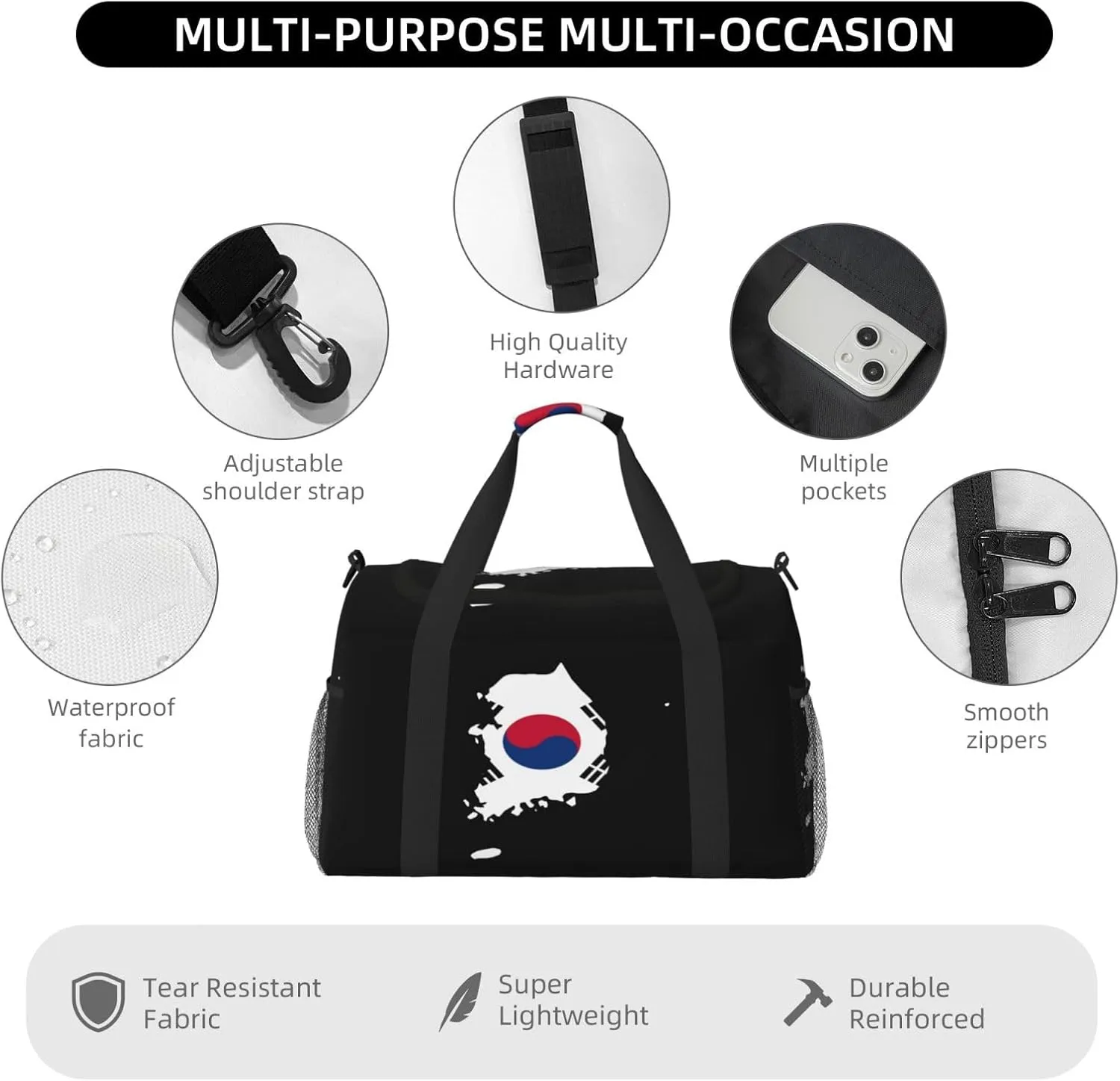 Flag Map Of Korea Travel Duffel Bag Large Foldable Waterproof Overnight Bag For Beach Swim Bags Pool Sports Gym