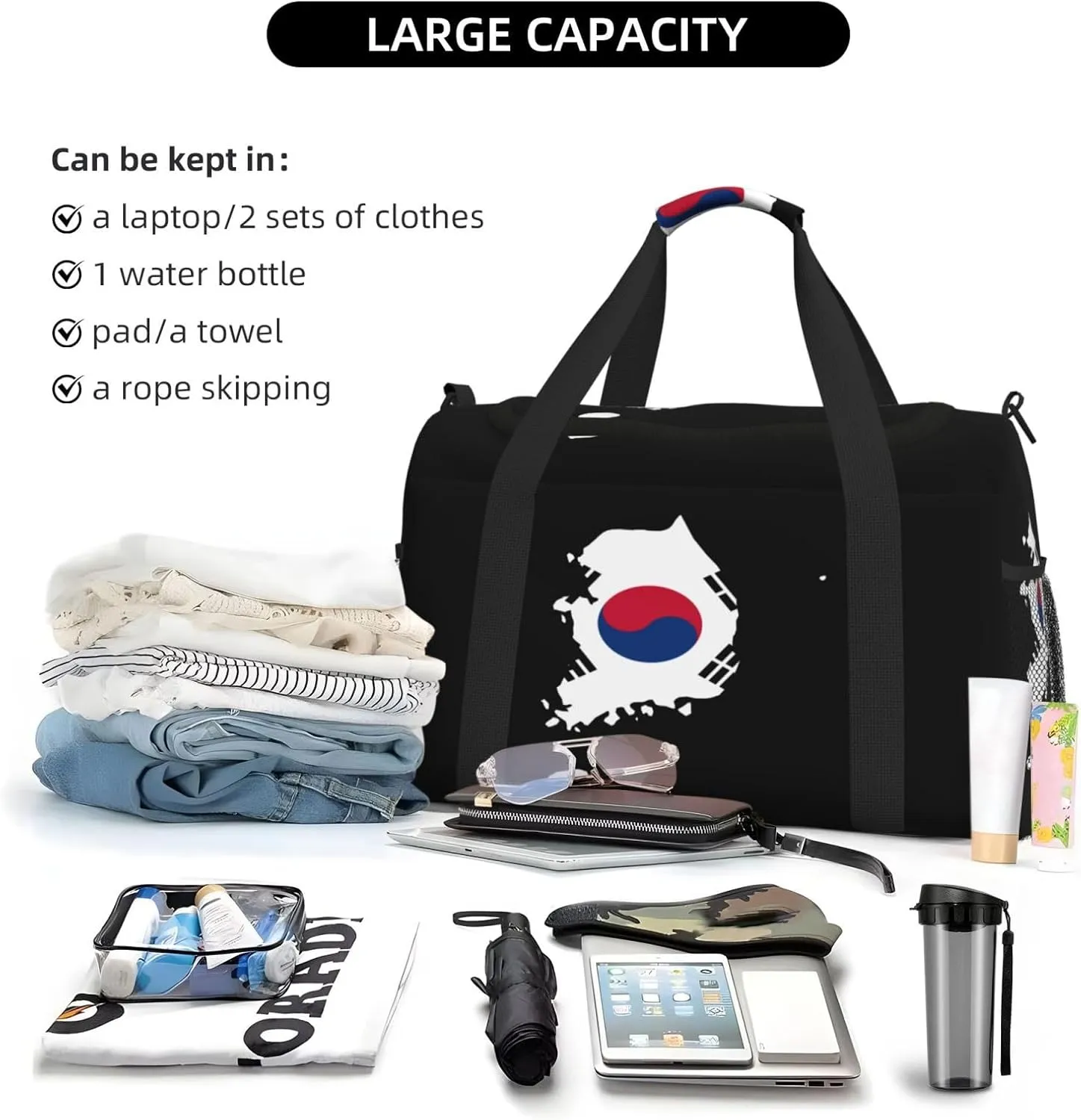 Flag Map Of Korea Travel Duffel Bag Large Foldable Waterproof Overnight Bag For Beach Swim Bags Pool Sports Gym