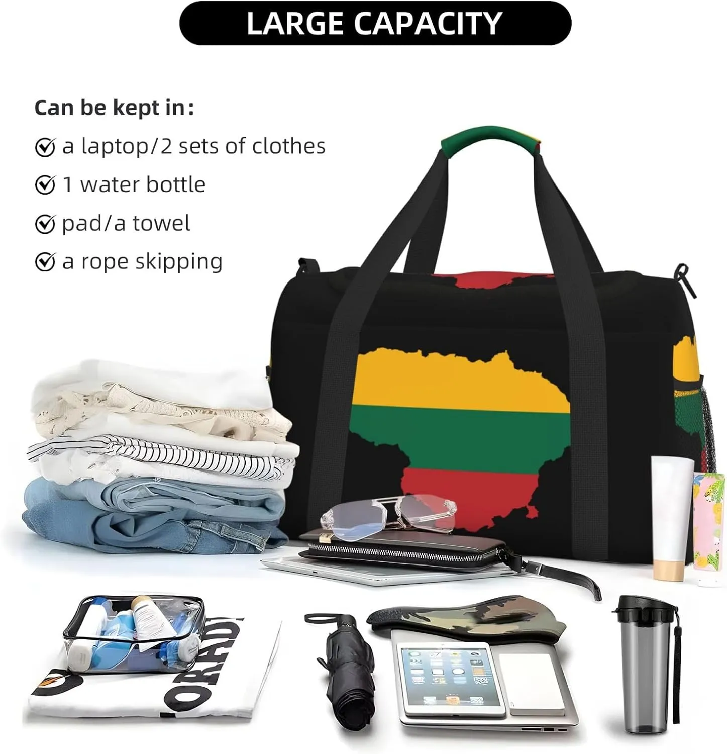 Flag Map Of Lithuania Travel Duffel Bag Large Foldable Waterproof Overnight Bag For Beach Swim Bags Pool Sports Gym