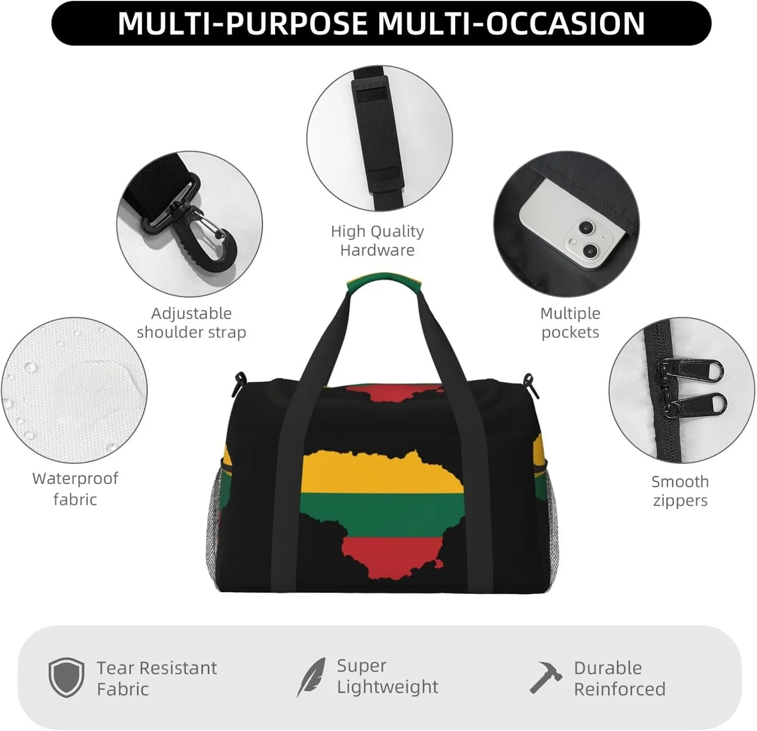 Flag Map Of Lithuania Travel Duffel Bag Large Foldable Waterproof Overnight Bag For Beach Swim Bags Pool Sports Gym
