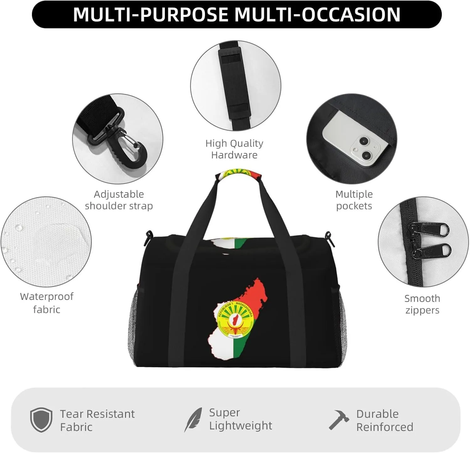 Flag Map Of Madagascar Travel Duffel Bag Large Foldable Waterproof Overnight Bag For Beach Swim Bags Pool Sports Gym