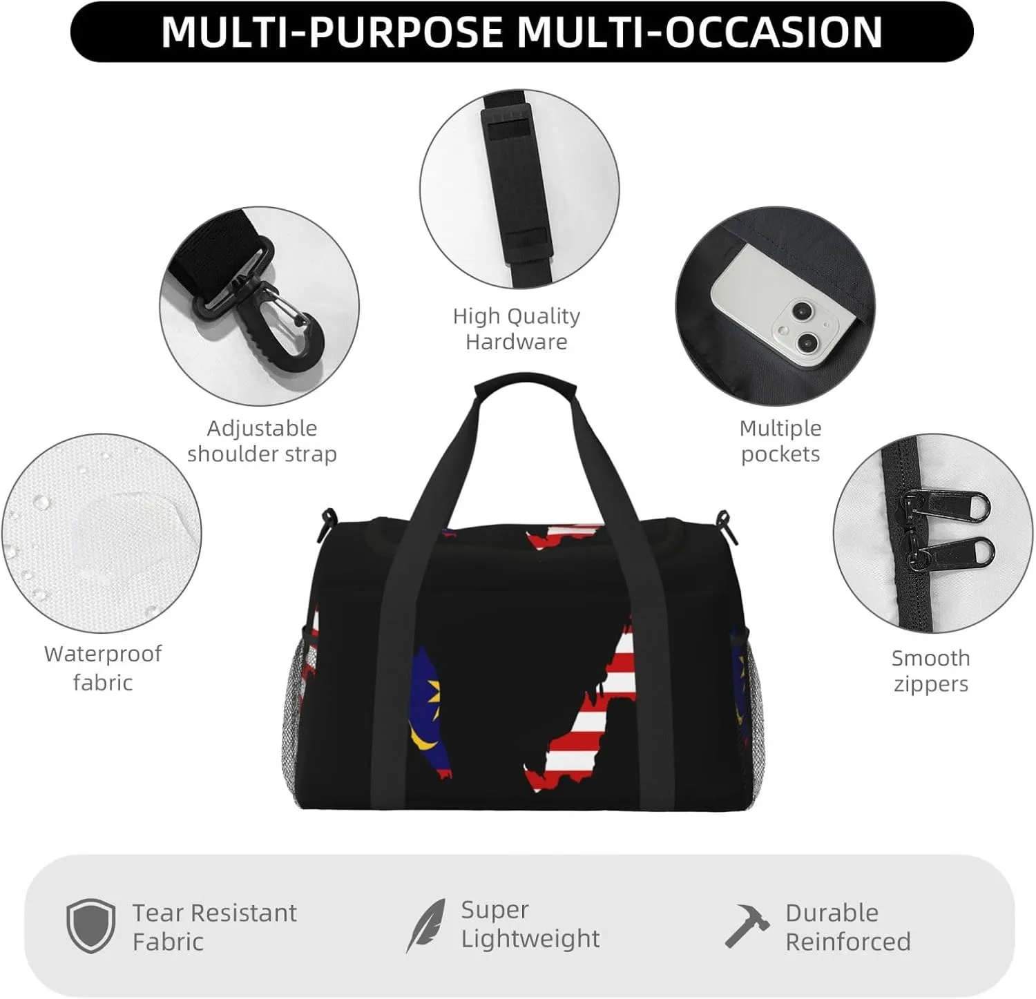 Flag Map Of Malaysia Travel Duffel Bag Large Foldable Waterproof Overnight Bag For Beach Swim Bags Pool Sports Gym
