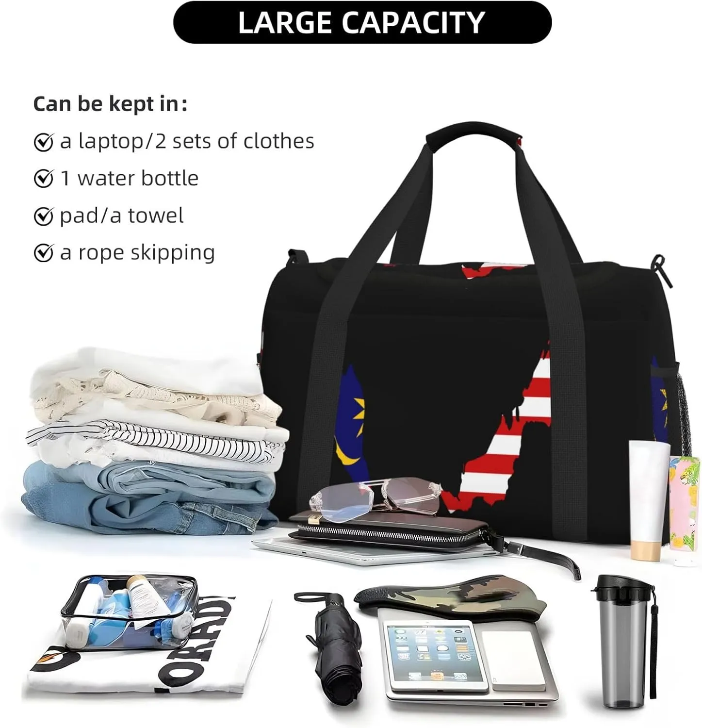 Flag Map Of Malaysia Travel Duffel Bag Large Foldable Waterproof Overnight Bag For Beach Swim Bags Pool Sports Gym