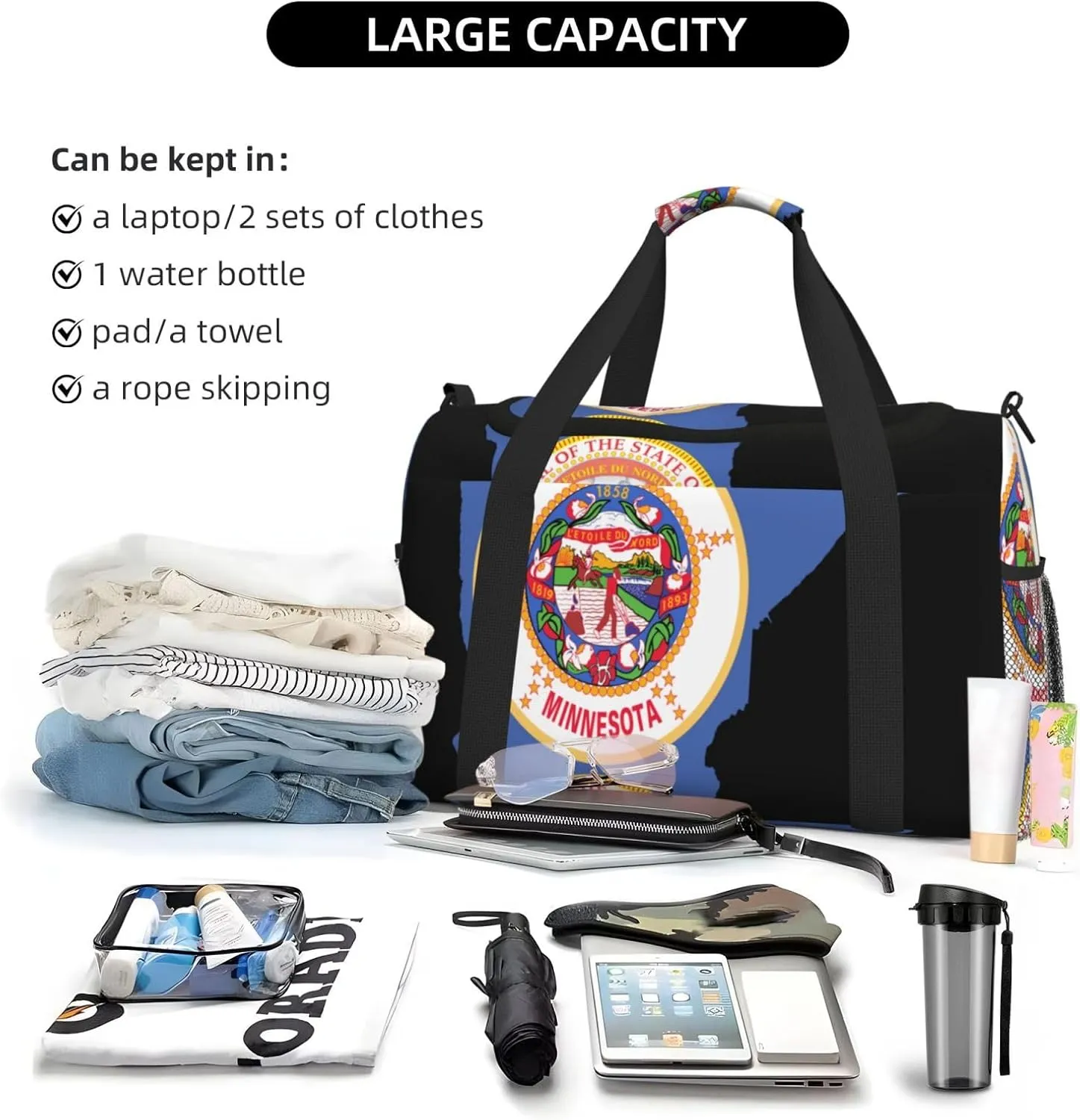 Flag Map Of Minnesota Travel Duffel Bag Large Foldable Waterproof Overnight Bag For Beach Swim Bags Pool Sports Gym