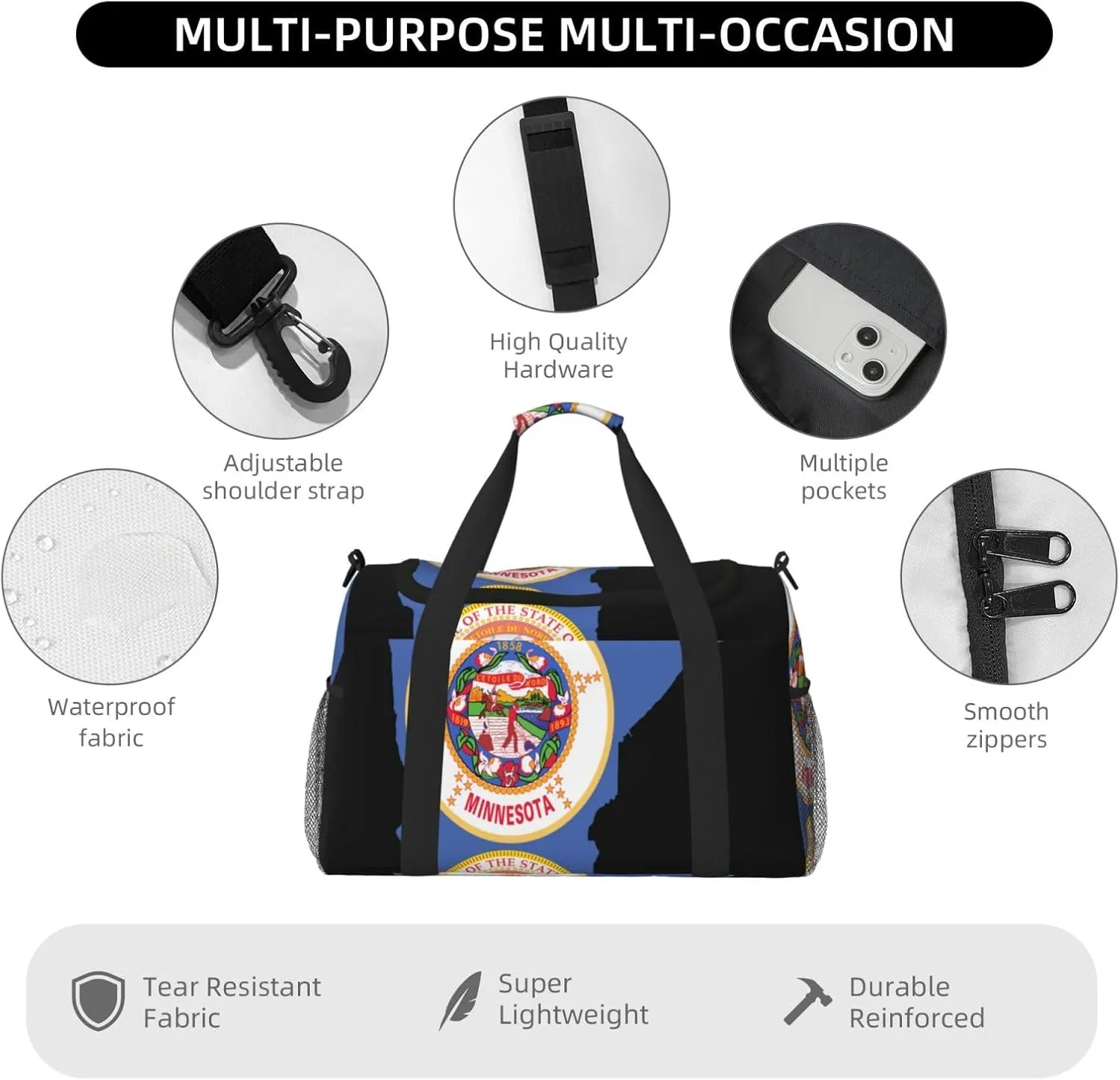 Flag Map Of Minnesota Travel Duffel Bag Large Foldable Waterproof Overnight Bag For Beach Swim Bags Pool Sports Gym