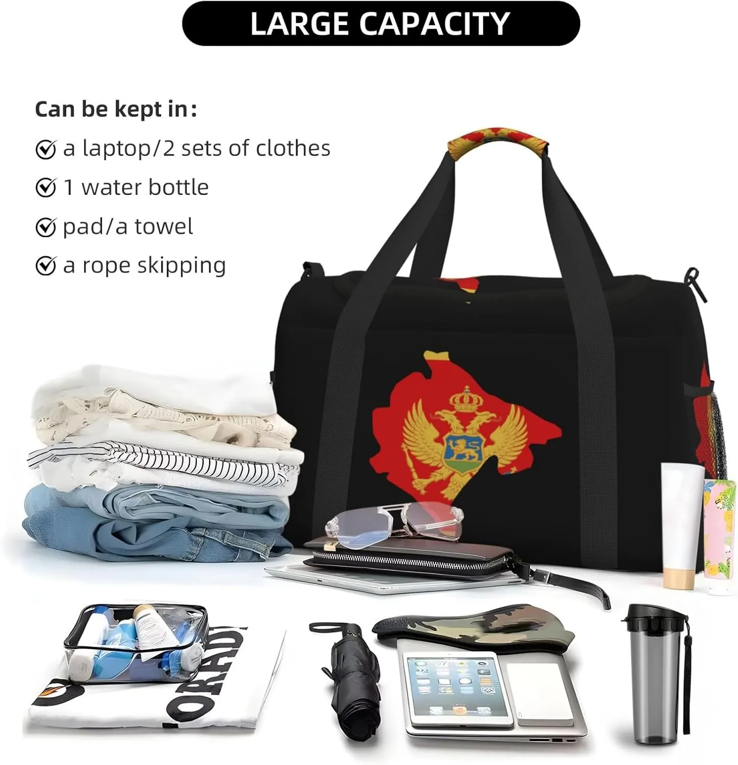 Flag Map Of Montenegro Travel Duffel Bag Large Foldable Waterproof Overnight Bag For Beach Swim Bags Pool Sports Gym