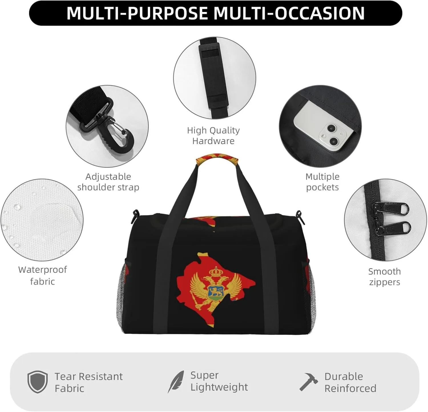 Flag Map Of Montenegro Travel Duffel Bag Large Foldable Waterproof Overnight Bag For Beach Swim Bags Pool Sports Gym