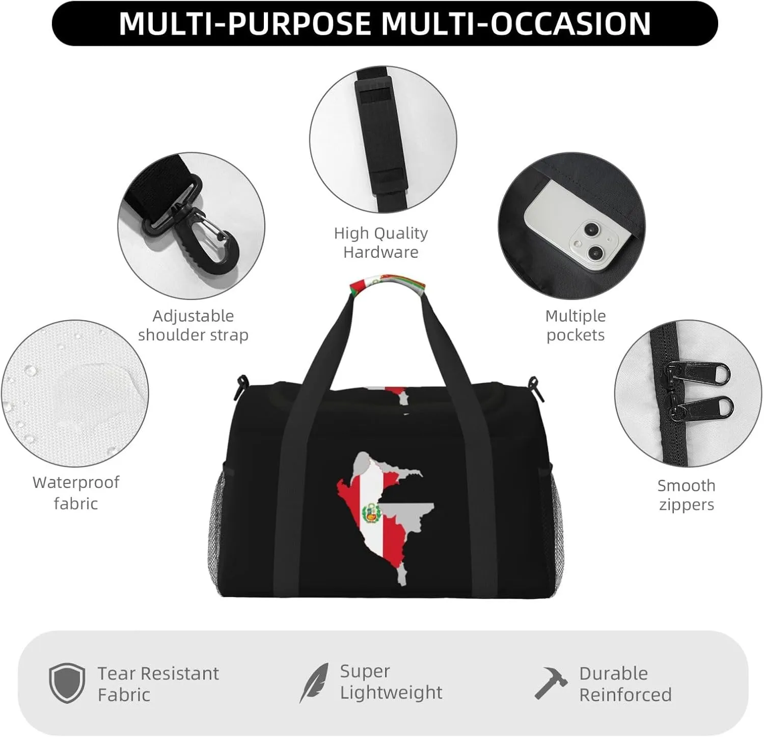 Flag Map Of Peru Travel Duffel Bag Large Foldable Waterproof Overnight Bag For Beach Swim Bags Pool Sports Gym