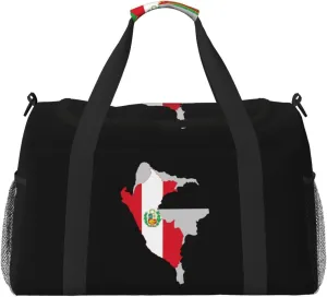 Flag Map Of Peru Travel Duffel Bag Large Foldable Waterproof Overnight Bag For Beach Swim Bags Pool Sports Gym