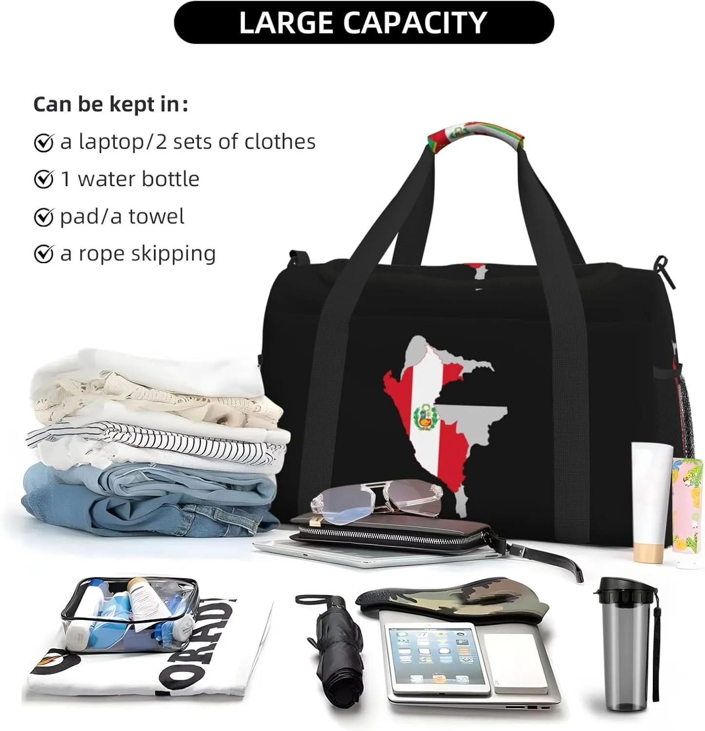 Flag Map Of Peru Travel Duffel Bag Large Foldable Waterproof Overnight Bag For Beach Swim Bags Pool Sports Gym