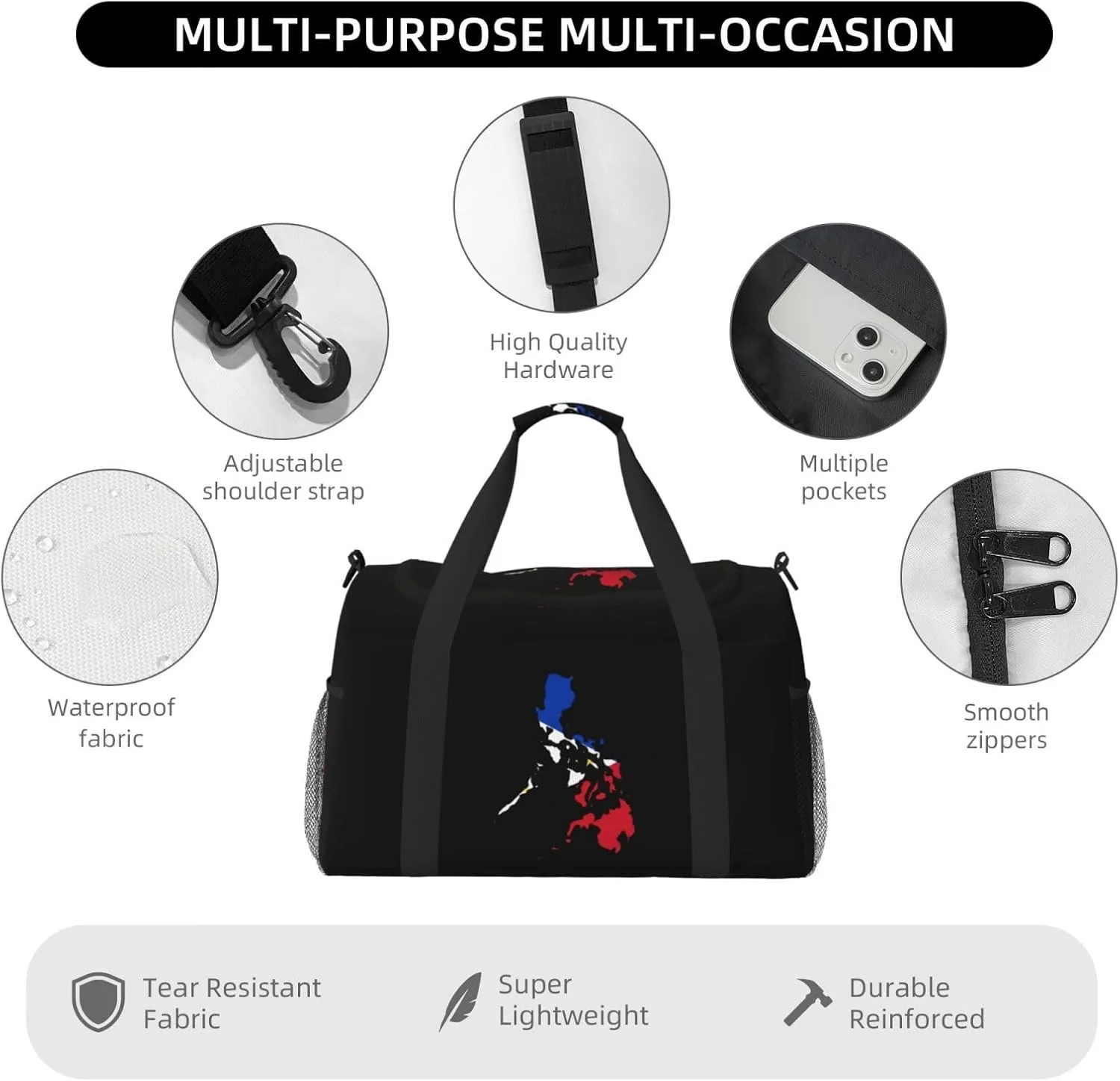 Flag Map Of Philippines Travel Duffel Bag Large Foldable Waterproof Overnight Bag For Beach Swim Bags Pool Sports Gym