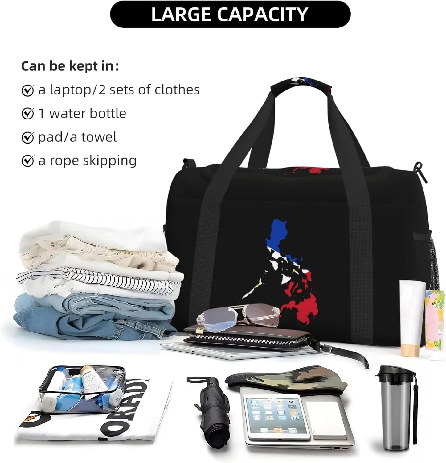 Flag Map Of Philippines Travel Duffel Bag Large Foldable Waterproof Overnight Bag For Beach Swim Bags Pool Sports Gym
