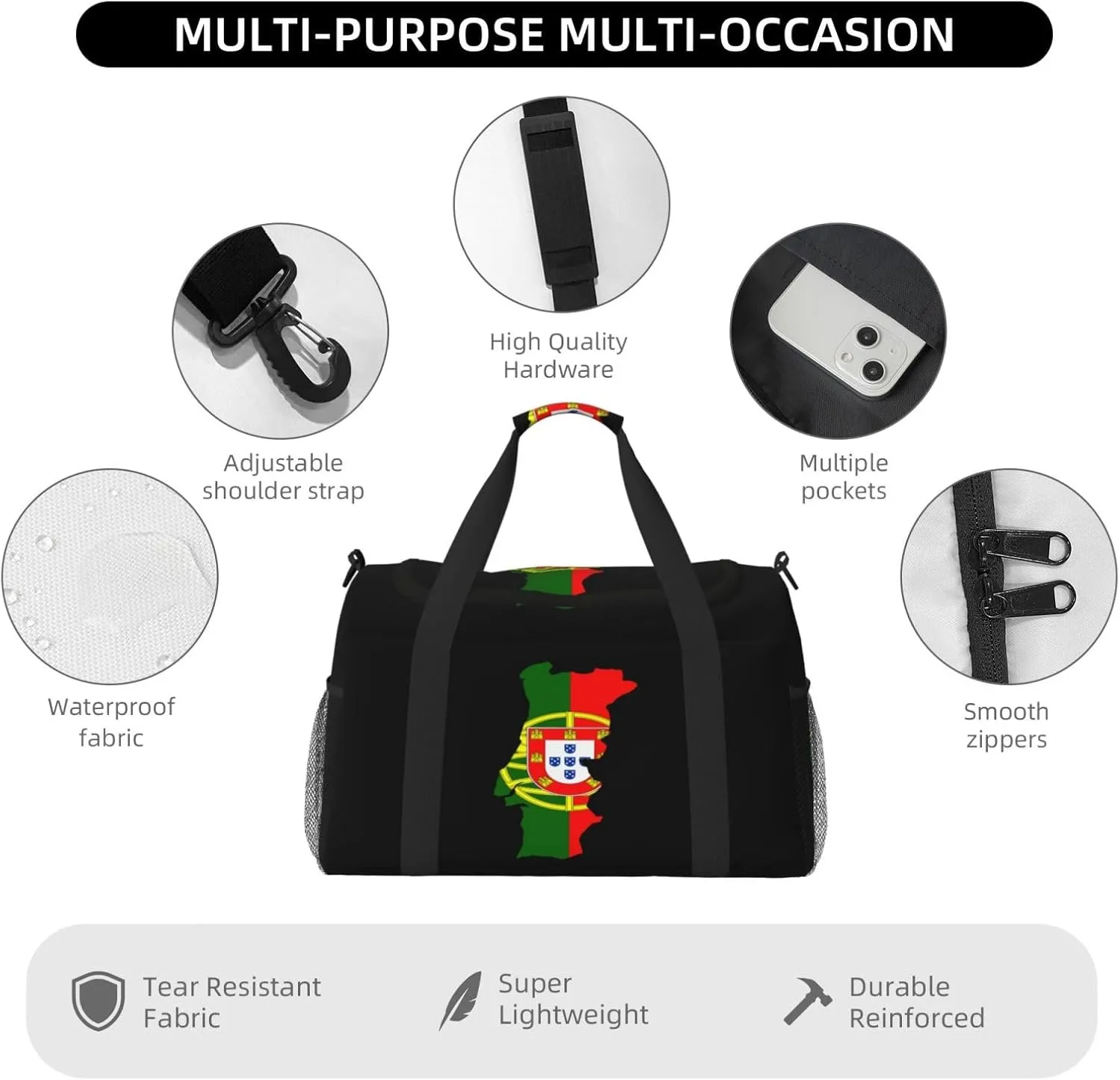 Flag Map Of Portugal Travel Duffel Bag Large Foldable Waterproof Overnight Bag For Beach Swim Bags Pool Sports Gym