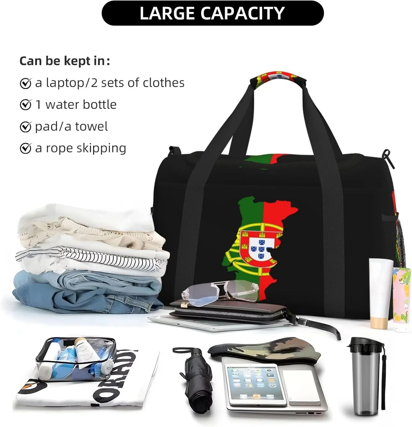 Flag Map Of Portugal Travel Duffel Bag Large Foldable Waterproof Overnight Bag For Beach Swim Bags Pool Sports Gym