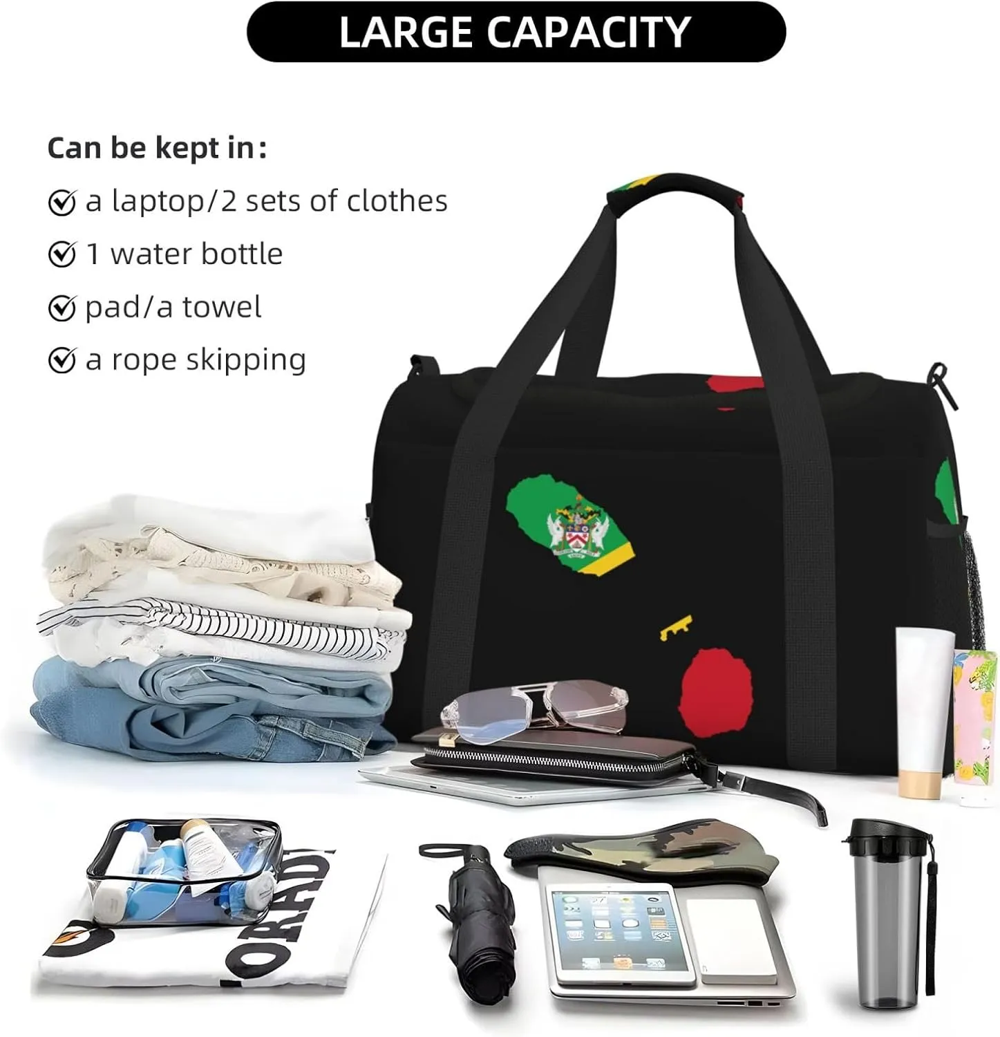 Flag Map Of Saint Kitts Nevis Travel Duffel Bag Large Foldable Waterproof Overnight Bag For Beach Swim Bags Pool Sports Gym