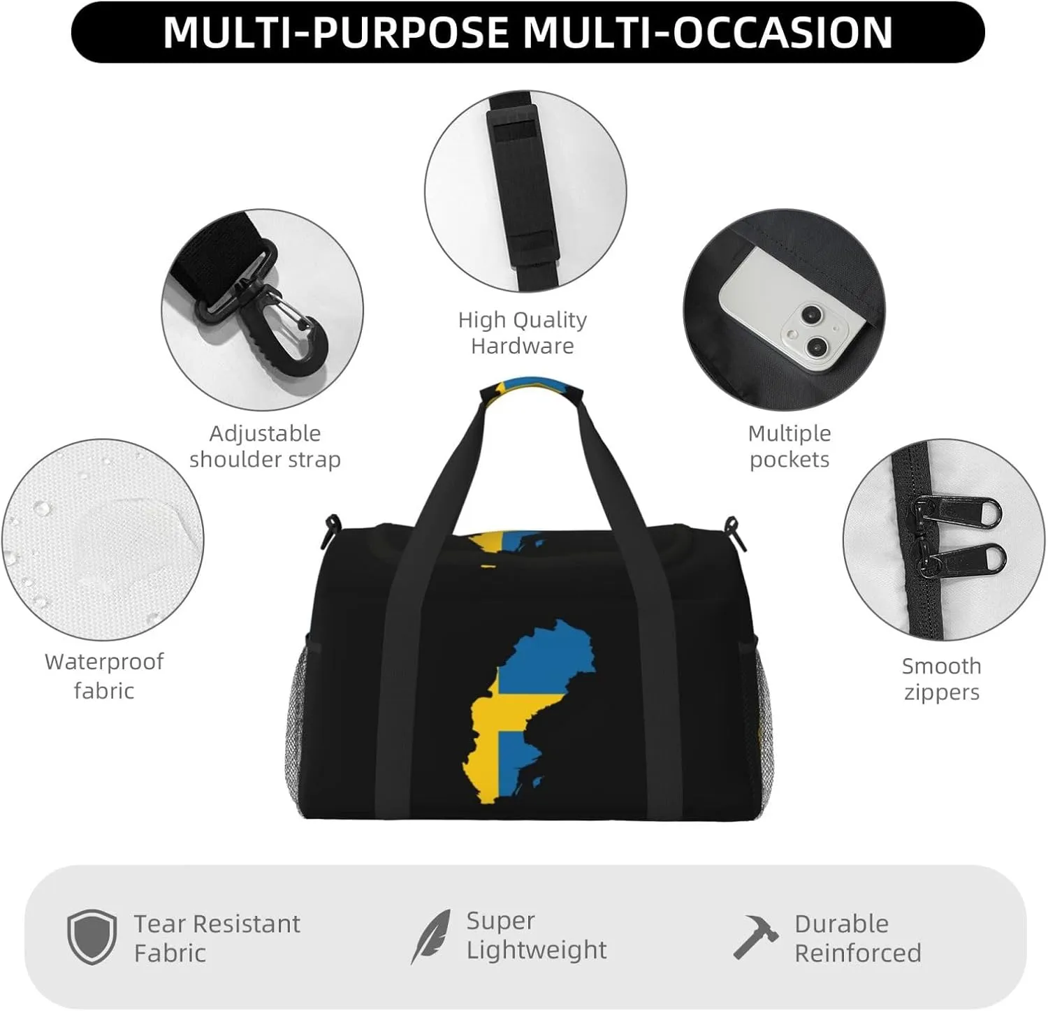 Flag Map Of Sweden Travel Duffel Bag Large Foldable Waterproof Overnight Bag For Beach Swim Bags Pool Sports Gym