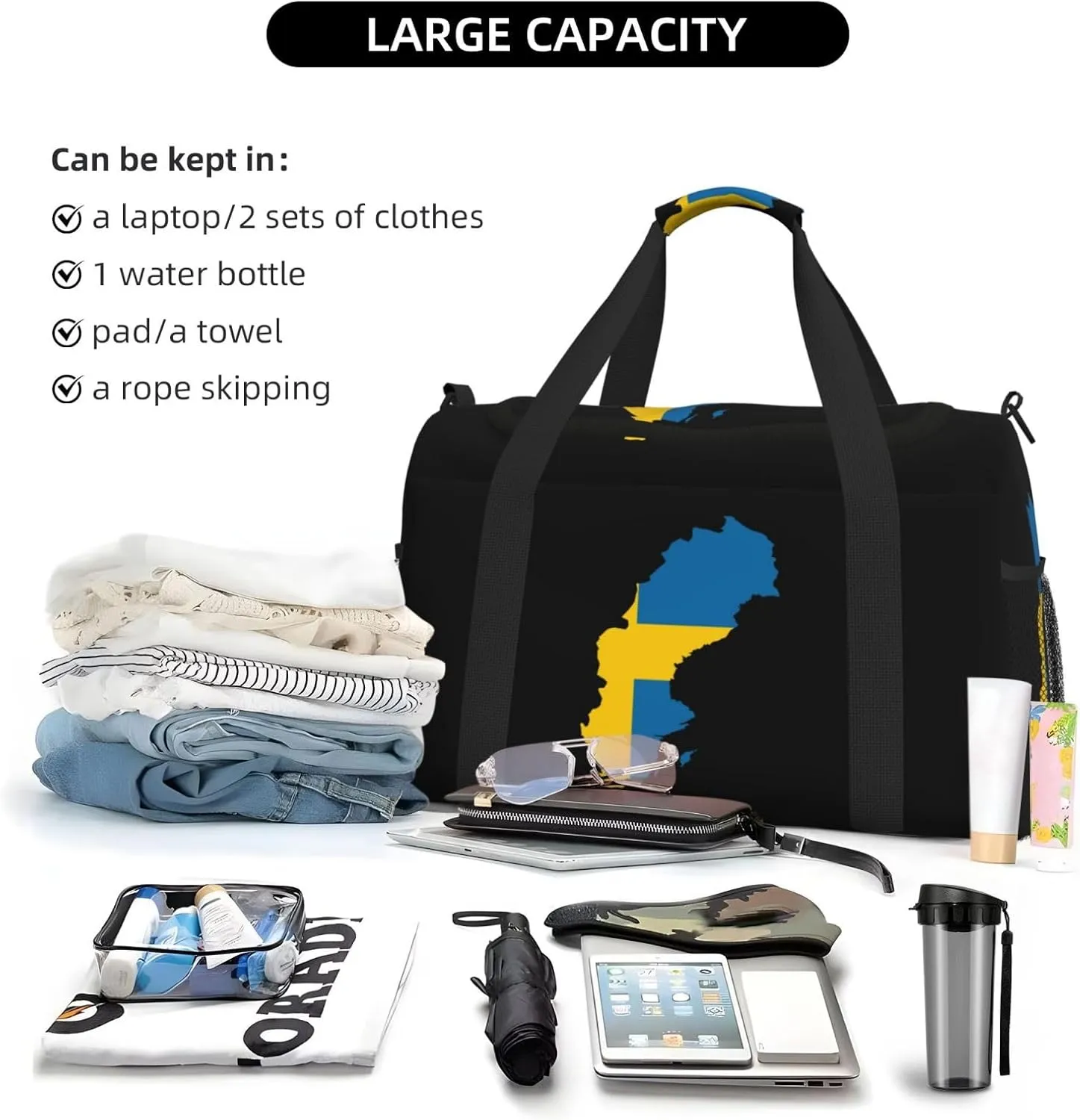 Flag Map Of Sweden Travel Duffel Bag Large Foldable Waterproof Overnight Bag For Beach Swim Bags Pool Sports Gym