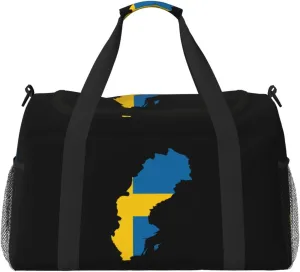 Flag Map Of Sweden Travel Duffel Bag Large Foldable Waterproof Overnight Bag For Beach Swim Bags Pool Sports Gym