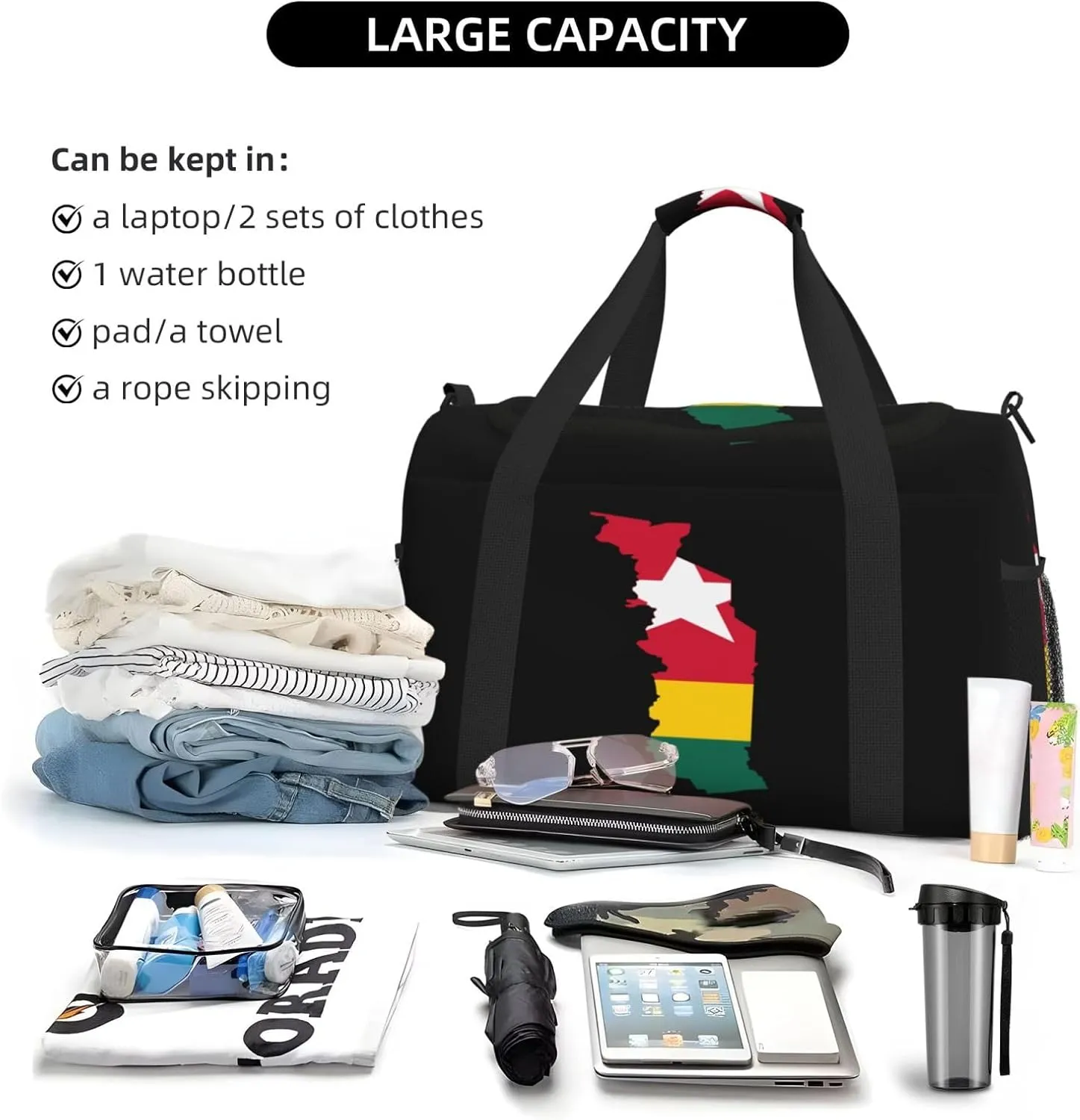 Flag Map Of Togo Travel Duffel Bag Large Foldable Waterproof Overnight Bag For Beach Swim Bags Pool Sports Gym