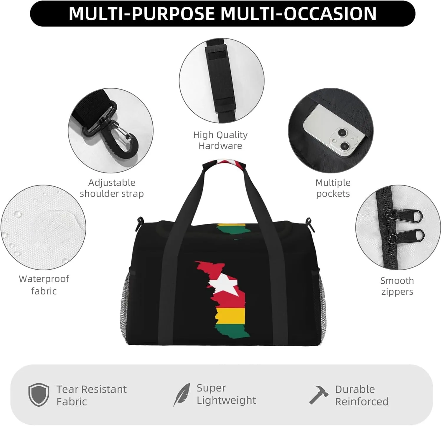 Flag Map Of Togo Travel Duffel Bag Large Foldable Waterproof Overnight Bag For Beach Swim Bags Pool Sports Gym