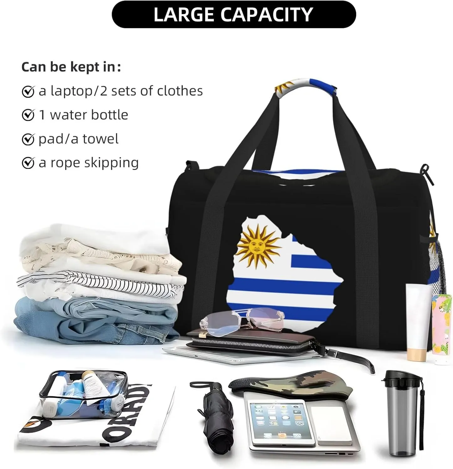 Flag Map Of Uruguay Travel Duffel Bag Large Foldable Waterproof Overnight Bag For Beach Swim Bags Pool Sports Gym