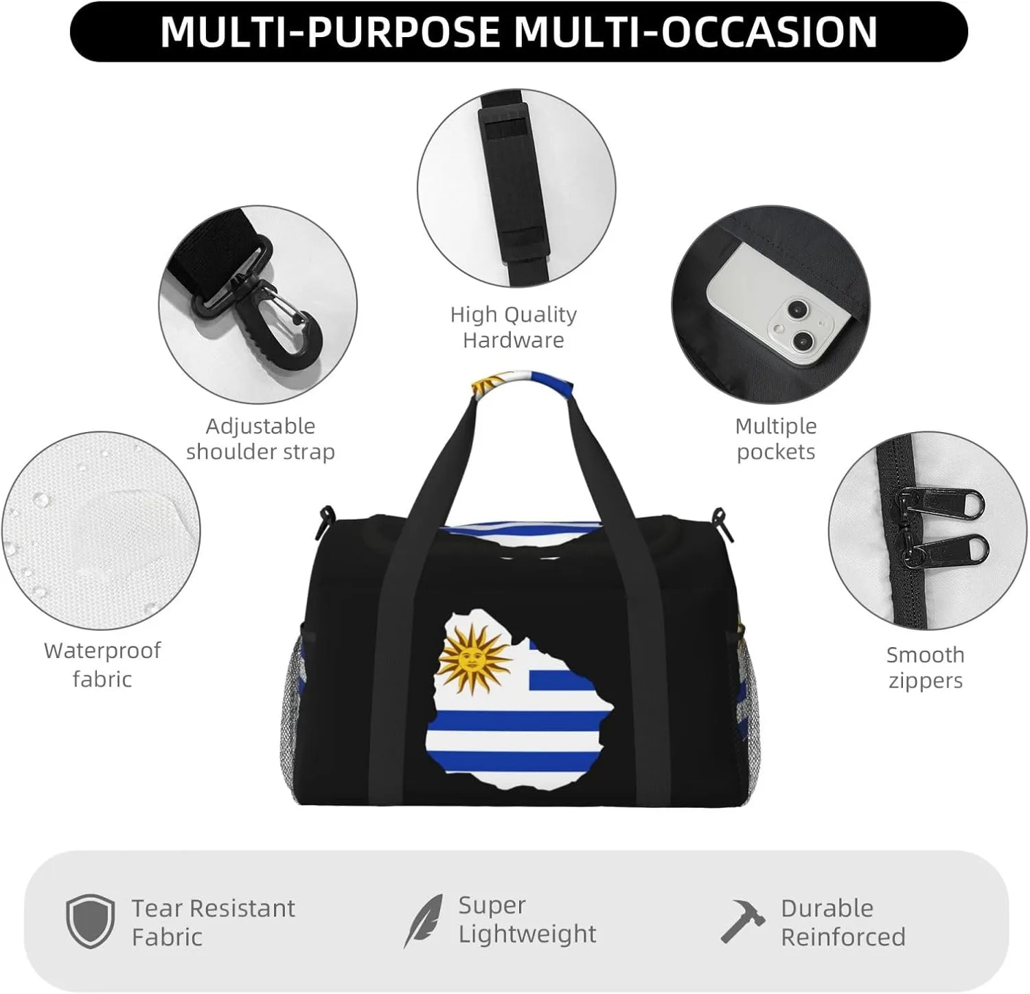 Flag Map Of Uruguay Travel Duffel Bag Large Foldable Waterproof Overnight Bag For Beach Swim Bags Pool Sports Gym