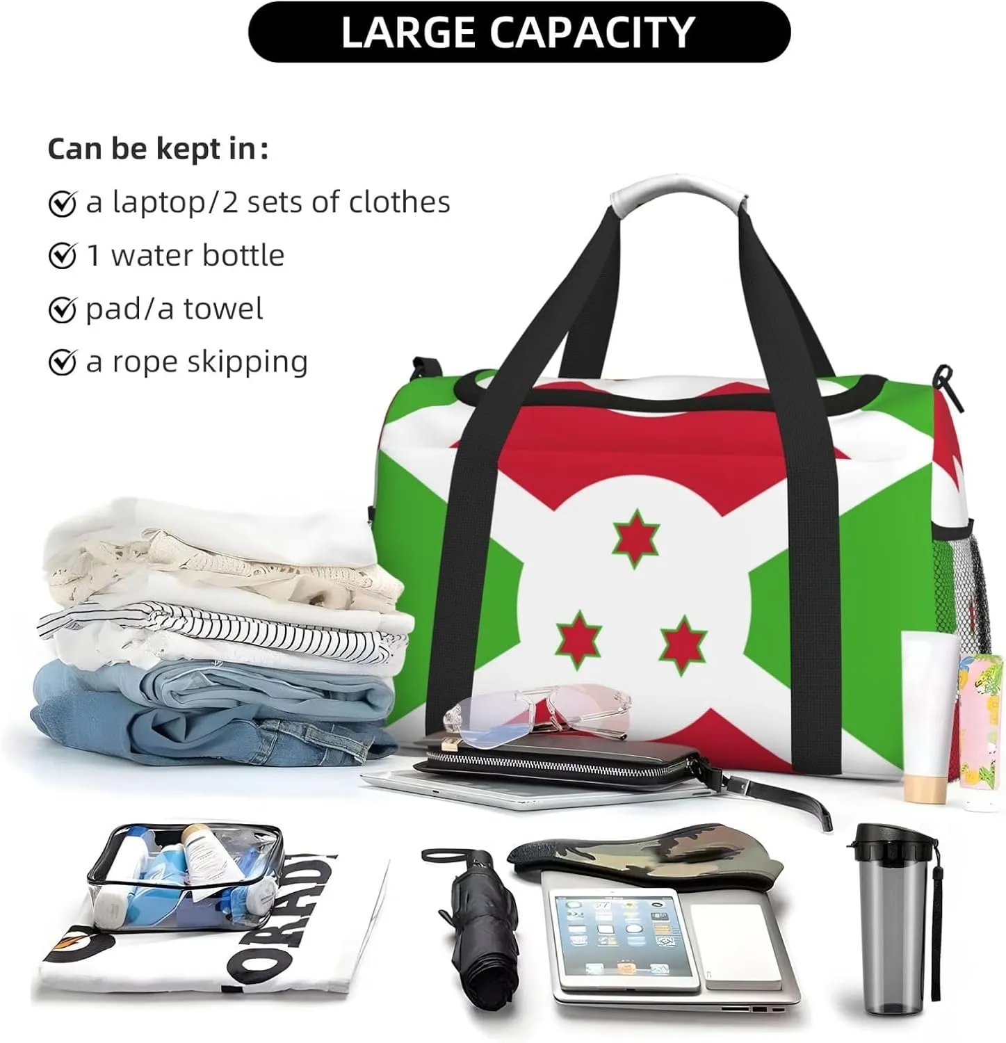Flag Of Burundi Travel Duffel Bag Large Foldable Waterproof Overnight Bag For Beach Swim Bags Pool Sports Gym