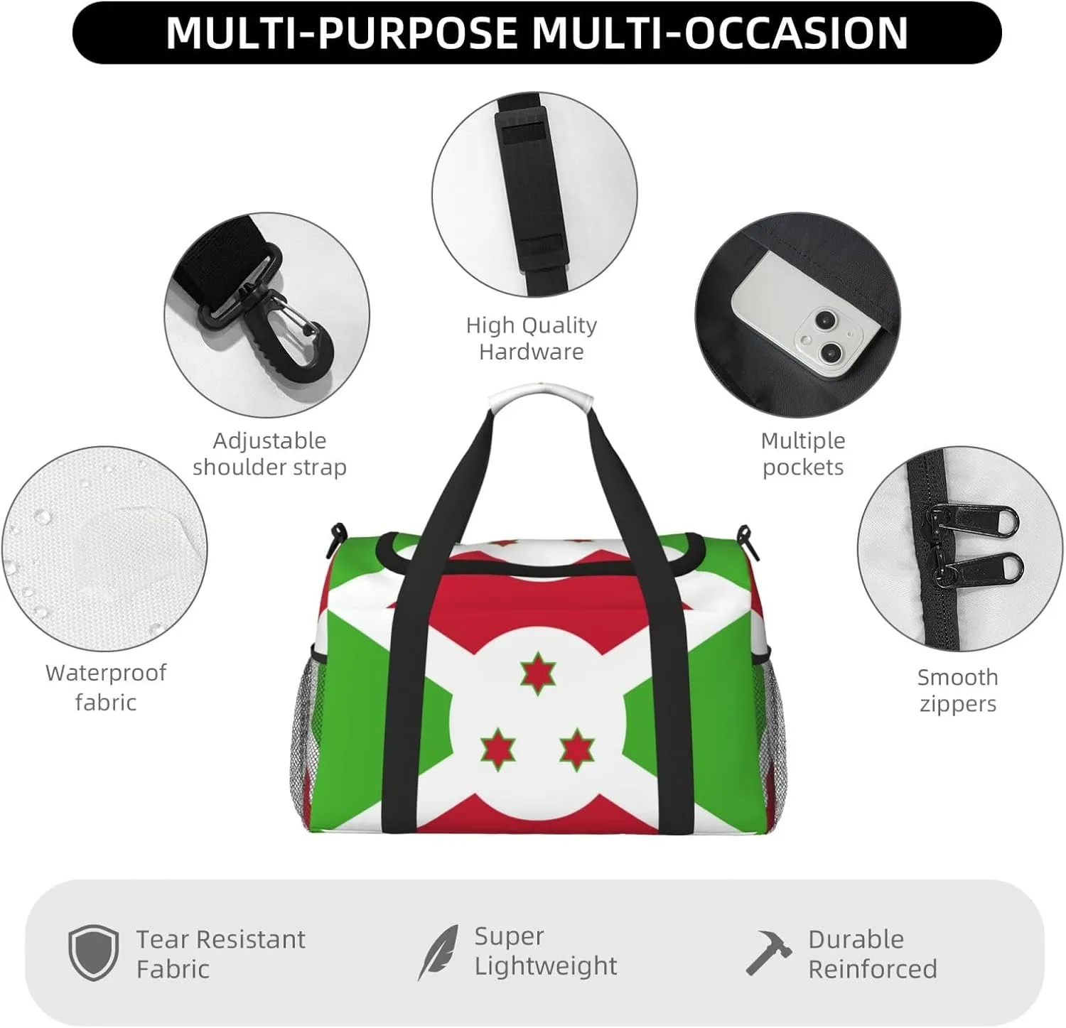 Flag Of Burundi Travel Duffel Bag Large Foldable Waterproof Overnight Bag For Beach Swim Bags Pool Sports Gym
