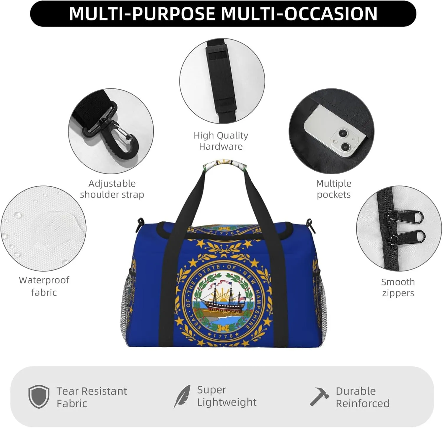 Flag Of New Hampshire Travel Duffel Bag Large Foldable Waterproof Overnight Bag For Beach Swim Bags Pool Sports Gym