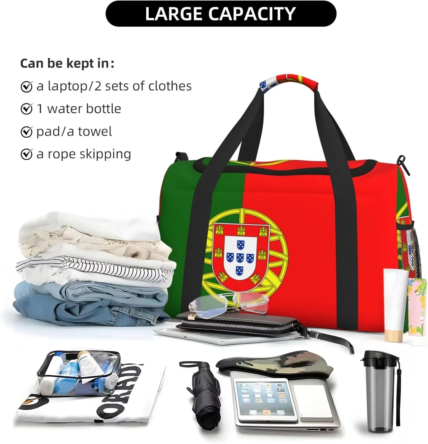 Flag Of Portugal Travel Duffel Bag Large Foldable Waterproof Overnight Bag For Beach Swim Bags Pool Sports Gym