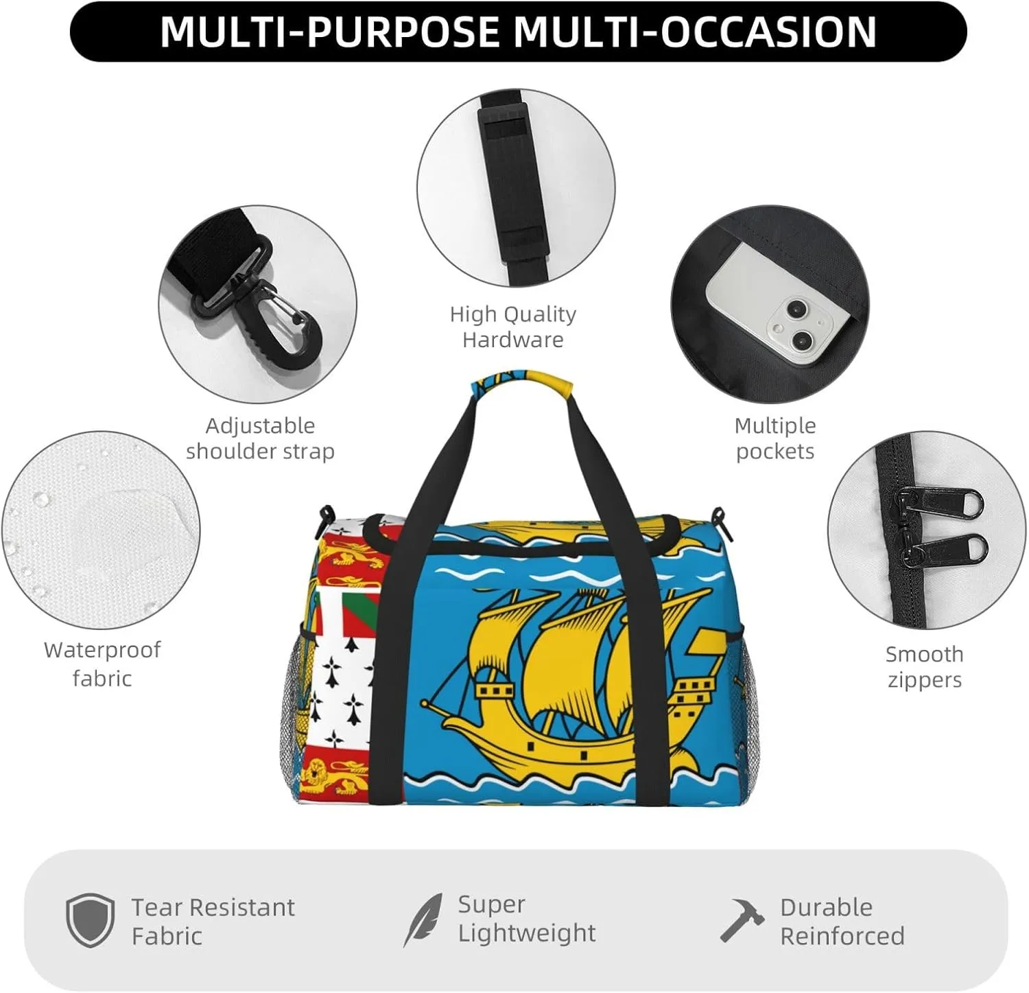 Flag Of Saint Pierre Miquelon Travel Duffel Bag Large Foldable Waterproof Overnight Bag For Beach Swim Bags Pool Sports Gym
