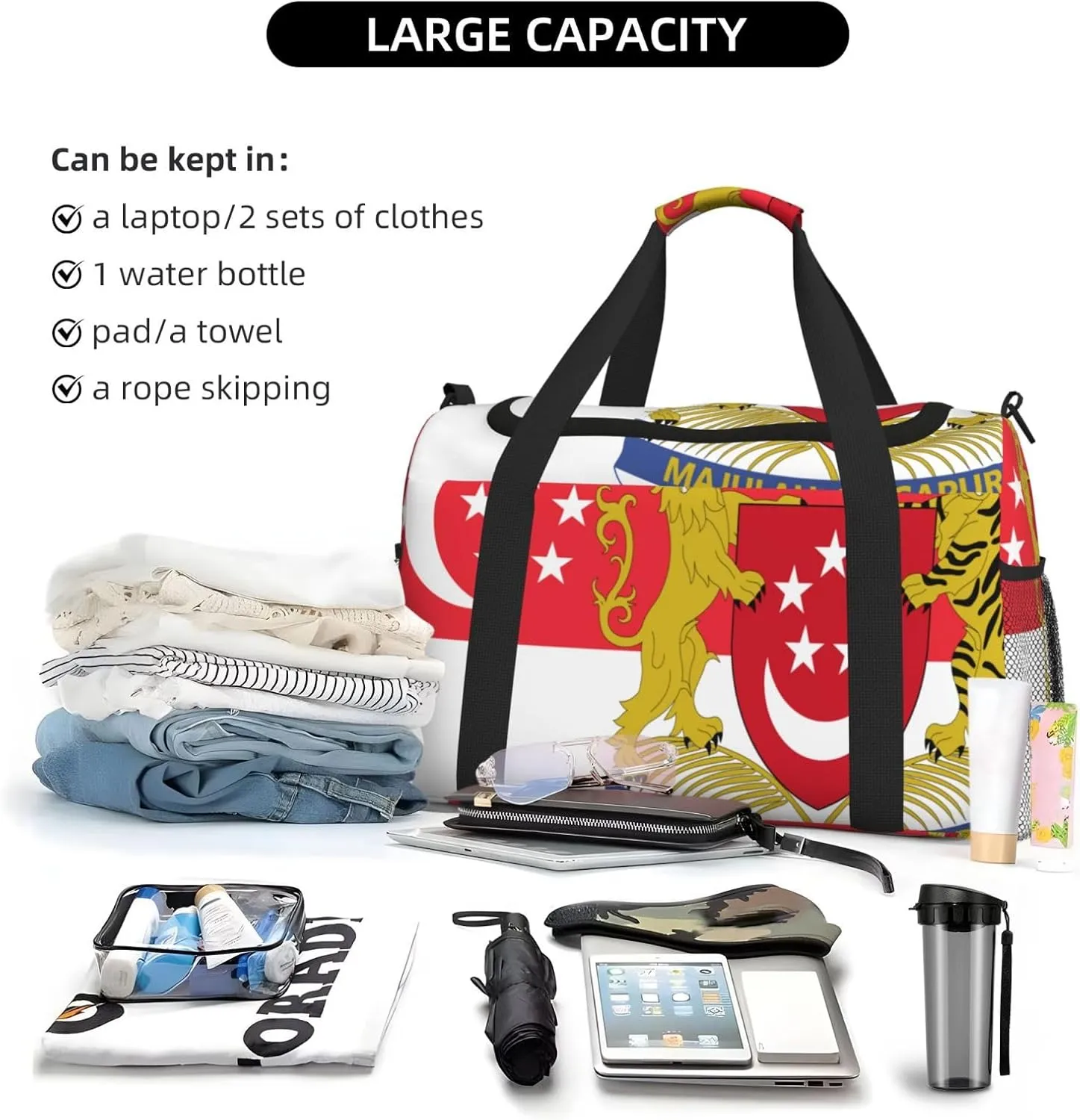 Flag Of Singapore Travel Duffel Bag Large Foldable Waterproof Overnight Bag For Beach Swim Bags Pool Sports Gym